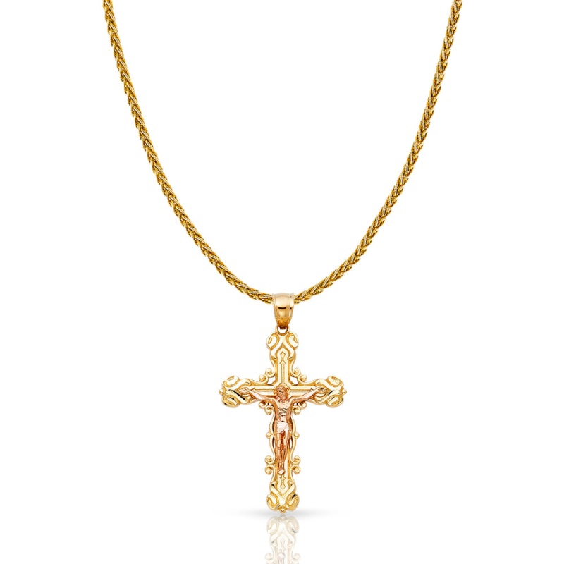 14K Gold Crucifix Charm Pendant With 1.4Mm Round Wheat Chain Necklace