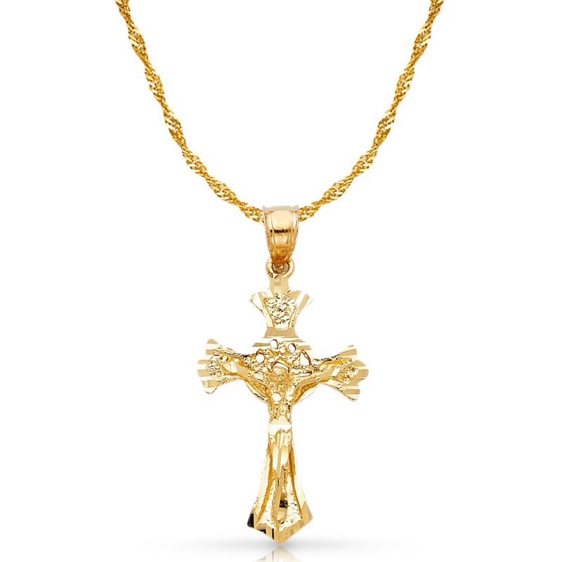 14K Gold Crucifix Charm Pendant With 1.2Mm Singapore Chain Necklace