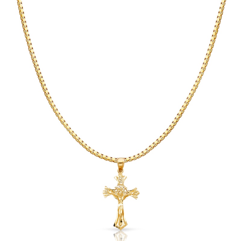 14K Gold Religious Crucifix Charm Pendant With 1.2Mm Box Chain Necklace