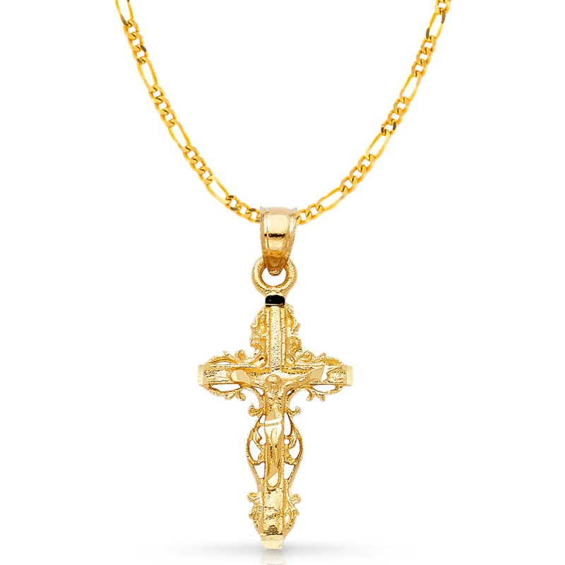 14K Gold Crucifix Charm Pendant With 2.3Mm Figaro 3+1 Chain Necklace