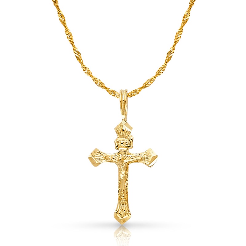 14K Gold Crucifix Charm Pendant With 1.2Mm Singapore Chain Necklace
