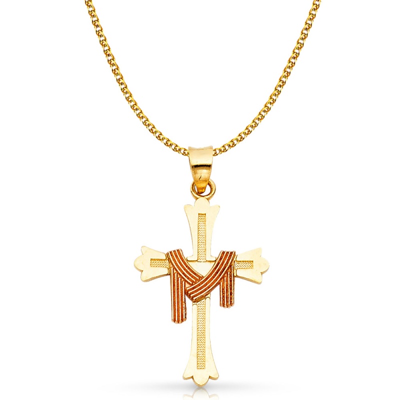 14K Gold Cross Charm Pendant With 1.5Mm Flat Open Wheat Chain Necklace