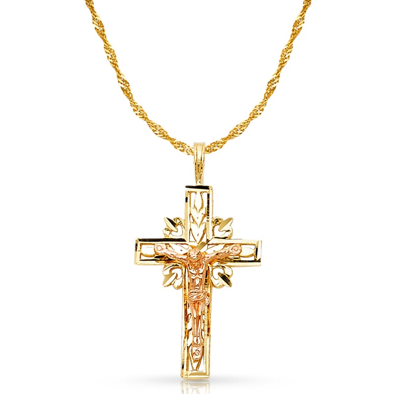 14K Gold Crucifix Charm Pendant With 1.2Mm Singapore Chain Necklace