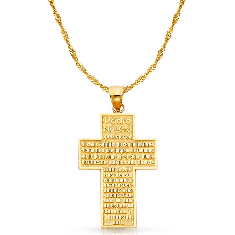 14K Gold Padre Nuestro Cross Charm Pendant With 1.8Mm Singapore Chain Necklace