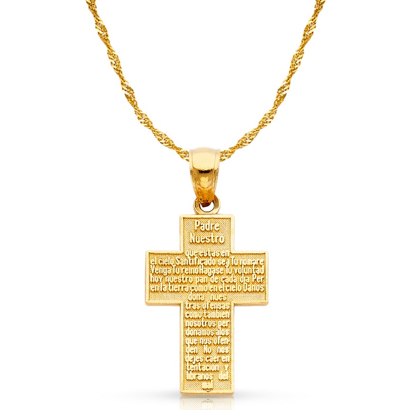 14K Gold Padre Nuestro Cross Charm Pendant With 1.2Mm Singapore Chain Necklace