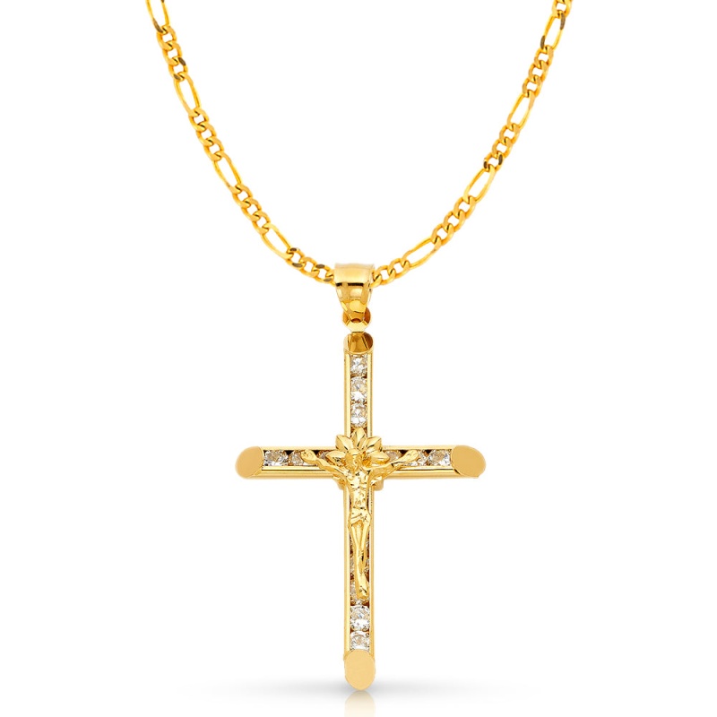 14K Gold Cz Crucifix Charm Pendant With 3.1Mm Figaro 3+1 Chain Necklace
