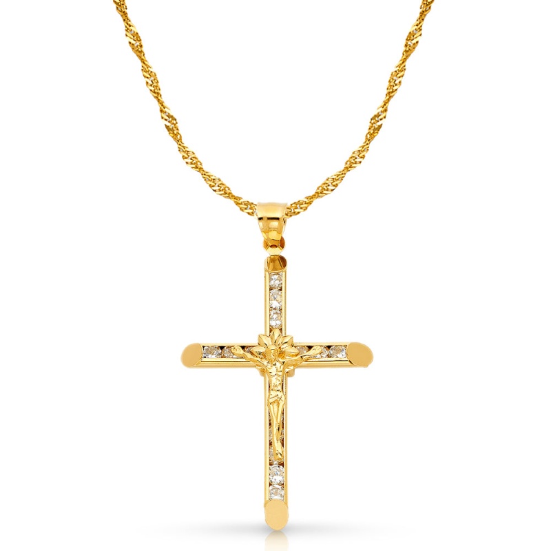 14K Gold Cz Crucifix Charm Pendant With 1.8Mm Singapore Chain Necklace