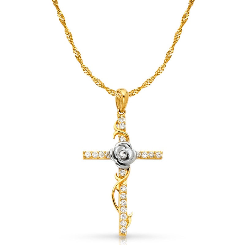 14K Gold Cz Cross With Rose Charm Pendant With 1.8Mm Singapore Chain Necklace