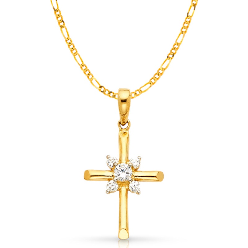 14K Gold Cz Cross Charm Pendant With 2.3Mm Figaro 3+1 Chain Necklace