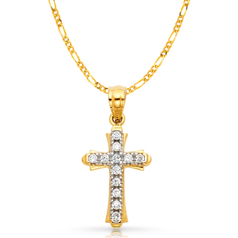 14K Gold Cz Cross Charm Pendant With 2Mm Figaro 3+1 Chain Necklace