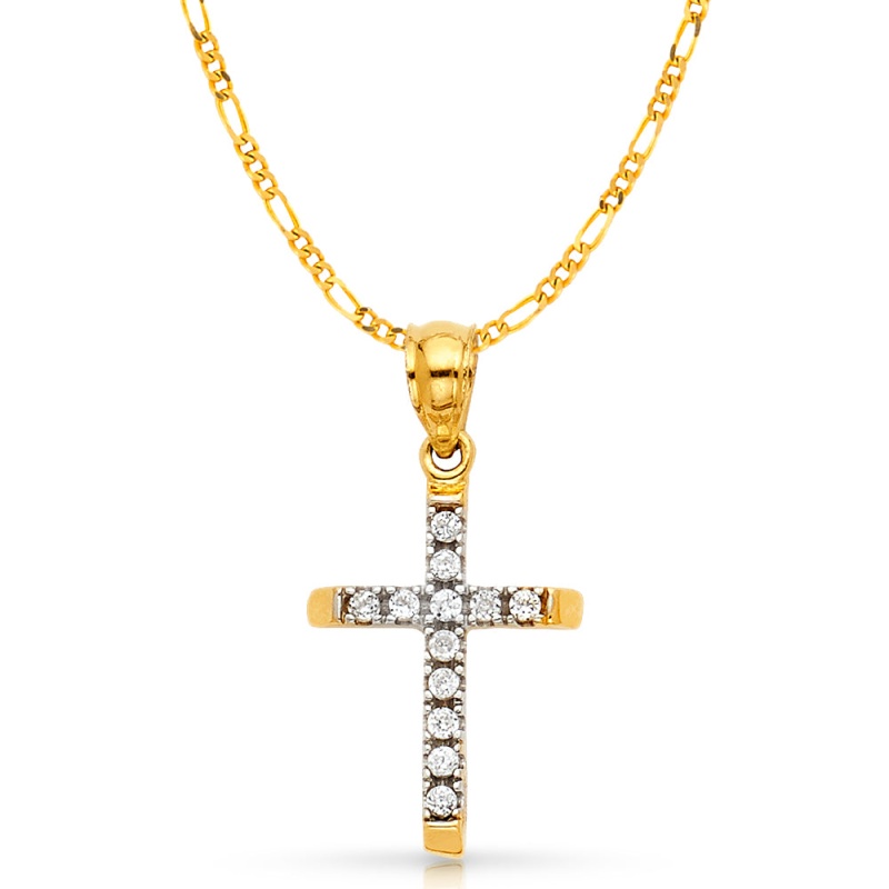 14K Gold Cz Cross Charm Pendant With 2Mm Figaro 3+1 Chain Necklace