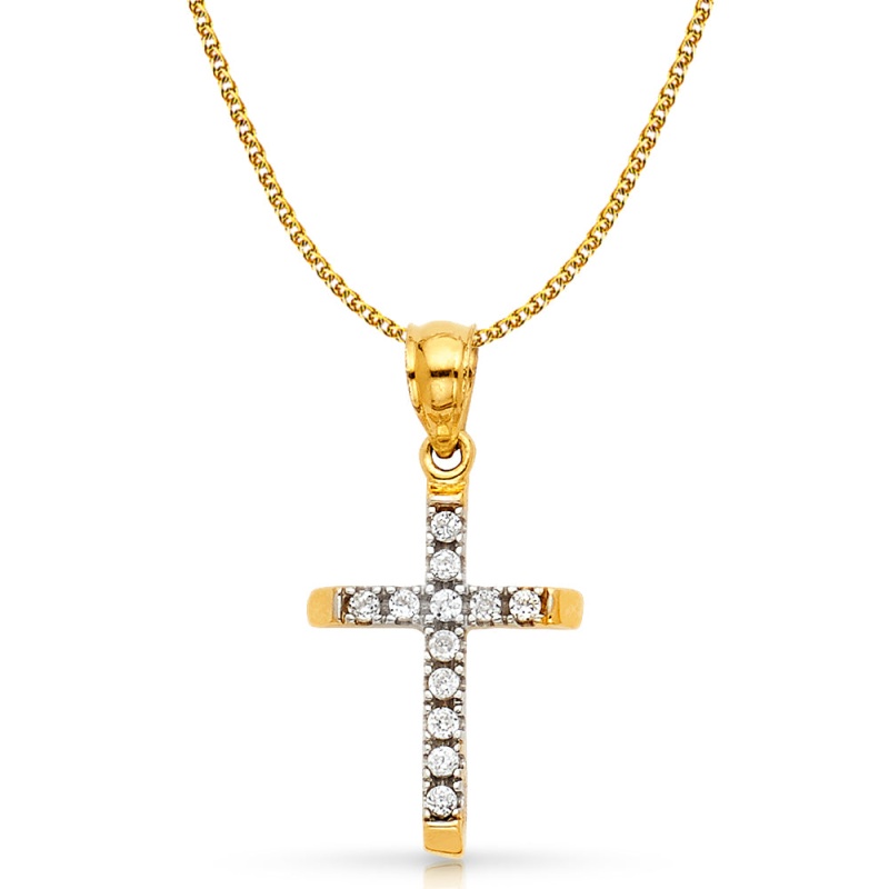 14K Gold Cz Cross Charm Pendant With 1.2Mm Flat Open Wheat Chain Necklace