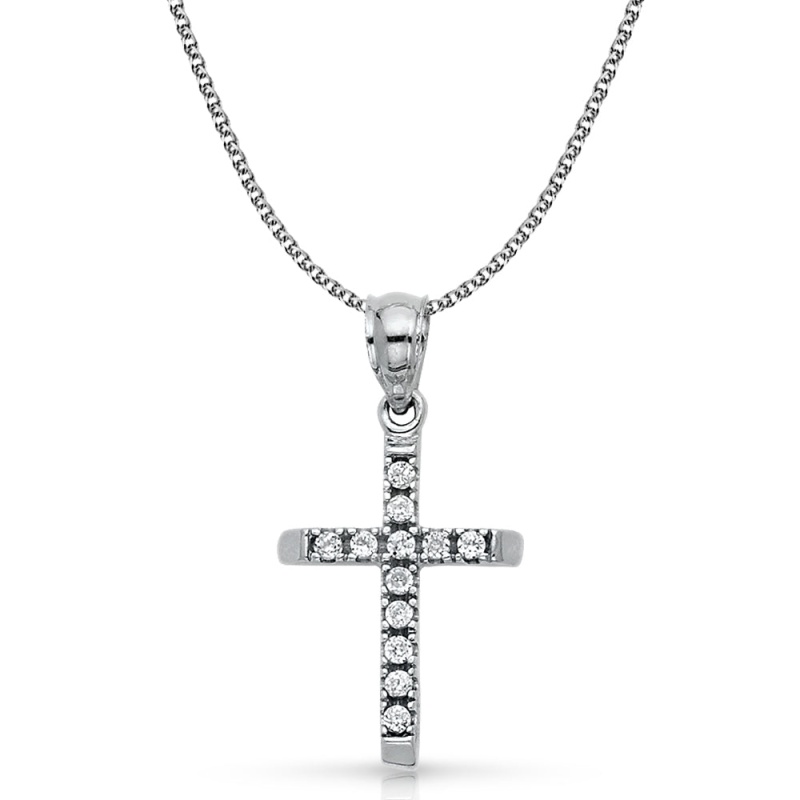 14K White Gold Cz Cross Charm Pendant With 1.3Mm Flat Open Wheat Chain Necklace