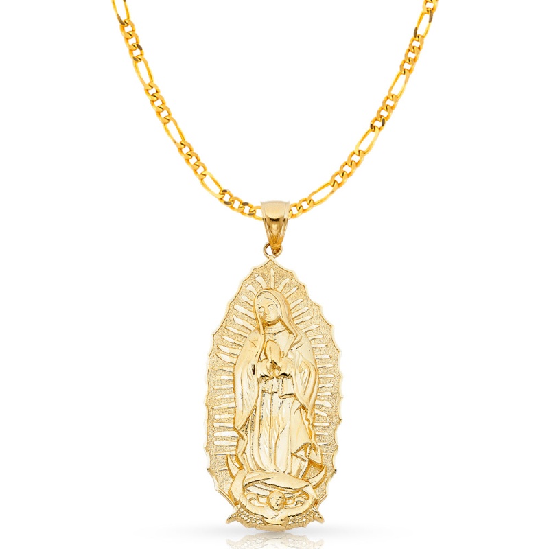 14K Gold Guadalupe Charm Pendant With 4.5Mm Figaro 3+1 Chain Necklace