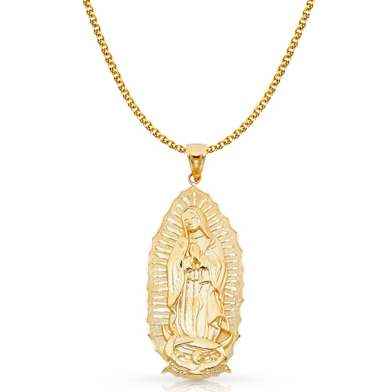 14K Gold Guadalupe Charm Pendant With 2Mm Flat Open Wheat Chain Necklace