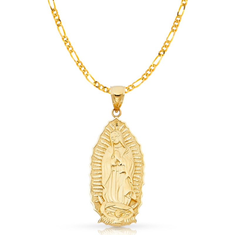 14K Gold Guadalupe Charm Pendant With 3.8Mm Figaro 3+1 Chain Necklace