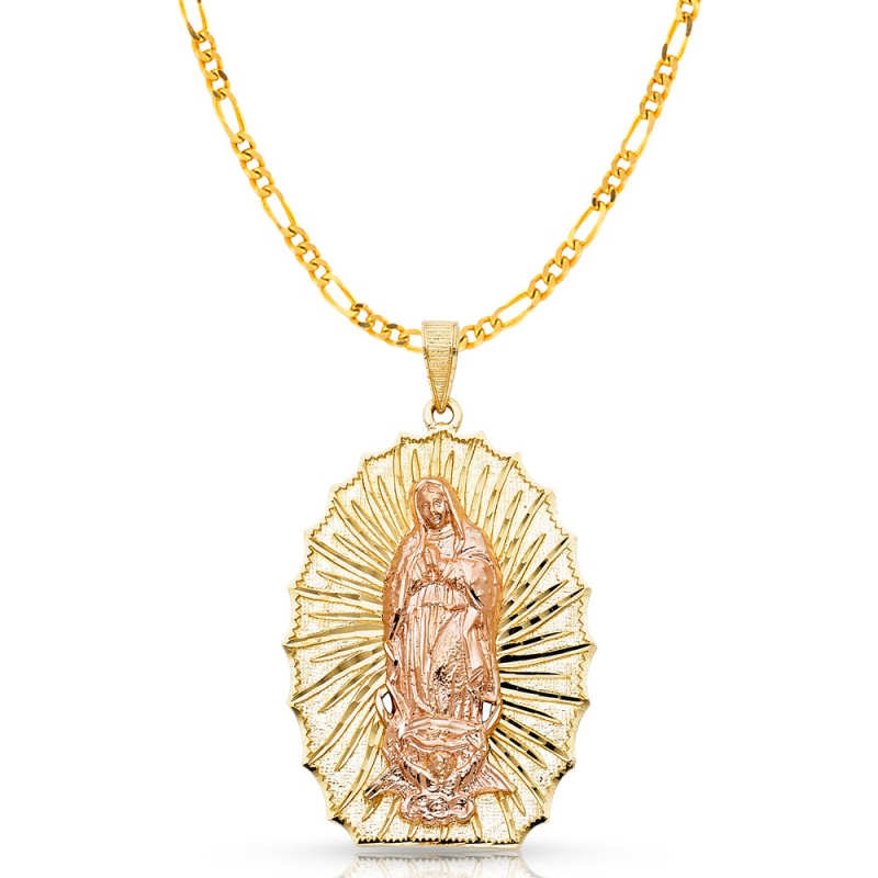 14K Gold Guadalupe Charm Pendant With 3.8Mm Figaro 3+1 Chain Necklace