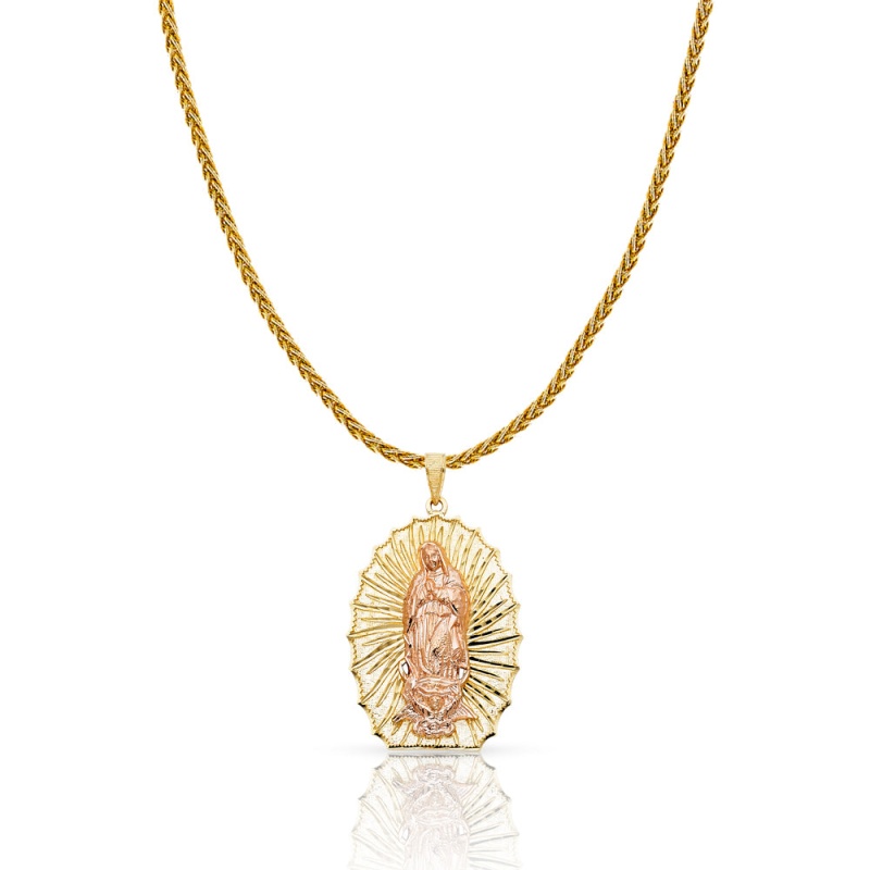14K Gold Guadalupe Charm Pendant With 1.4Mm Round Wheat Chain Necklace