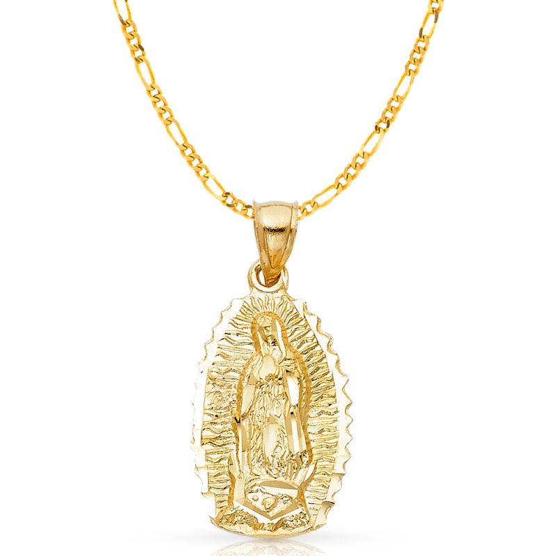 14K Gold Guadalupe Charm Pendant With 3.1Mm Figaro 3+1 Chain Necklace