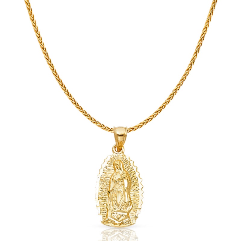 14K Gold Guadalupe Charm Pendant With 1.1Mm Wheat Chain Necklace