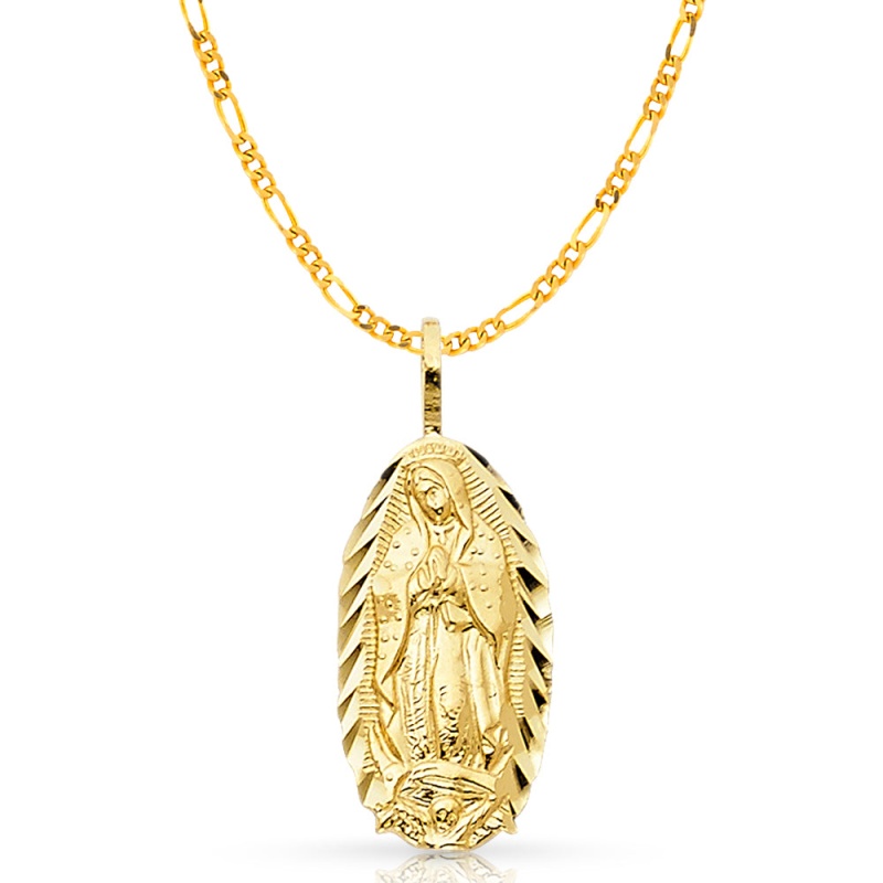 14K Gold Guadalupe Charm Pendant With 2.3Mm Figaro 3+1 Chain Necklace