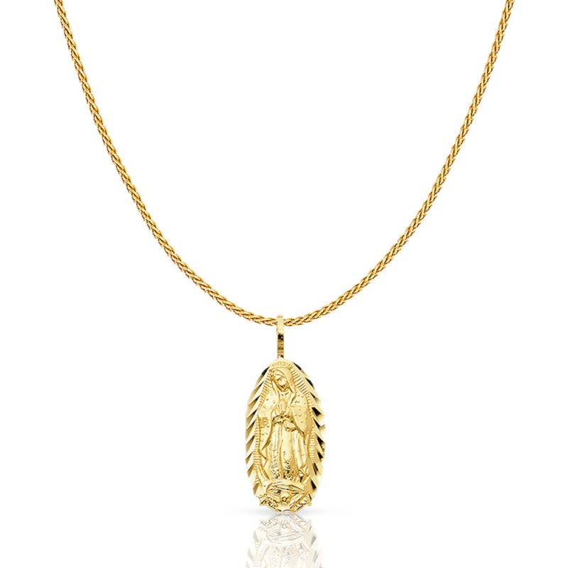 14K Gold Guadalupe Charm Pendant With 0.9Mm Wheat Chain Necklace
