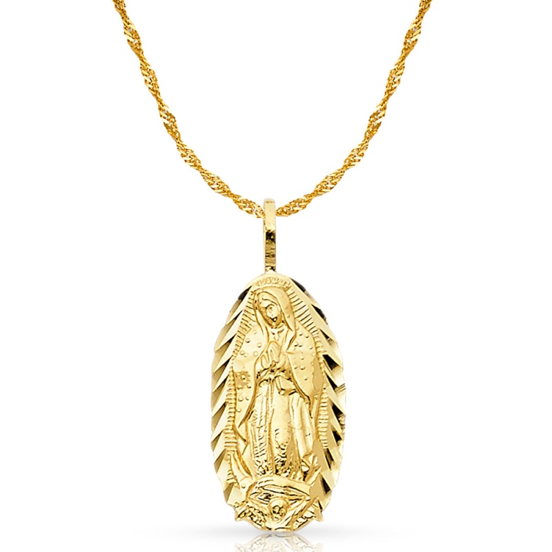 14K Gold Guadalupe Charm Pendant With 1.2Mm Singapore Chain Necklace