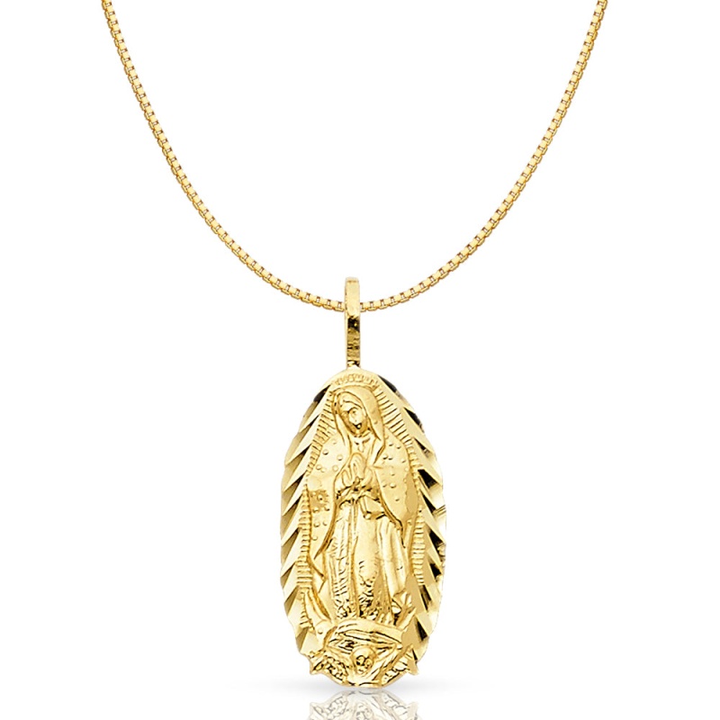 14K Gold Religious Guadalupe Charm Pendant With 0.8Mm Box Chain Necklace