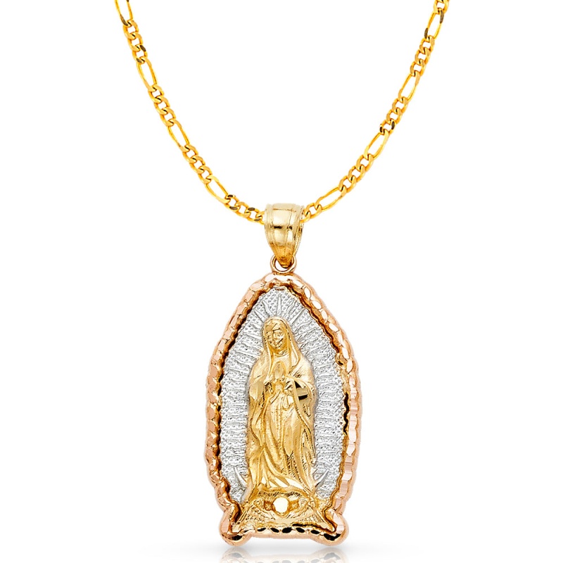 14K Gold Guadalupe Charm Pendant With 2.3Mm Figaro 3+1 Chain Necklace