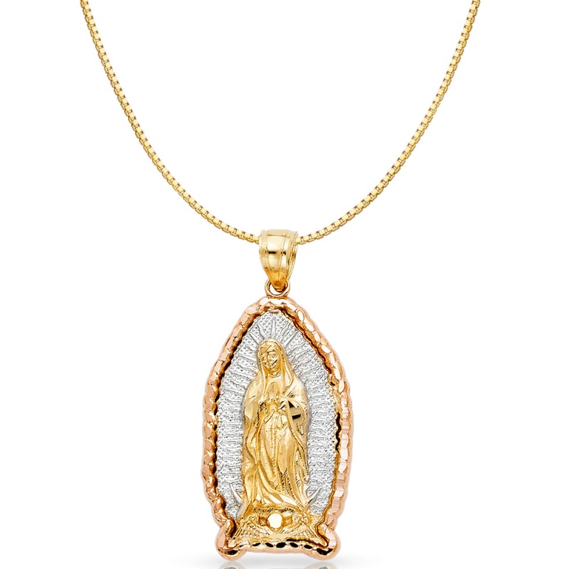 14K Gold Religious Guadalupe Charm Pendant With 0.8Mm Box Chain Necklace