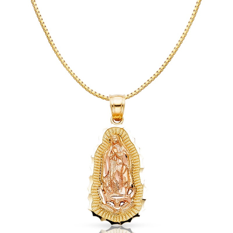 14K Gold Religious Guadalupe Charm Pendant With 0.8Mm Box Chain Necklace