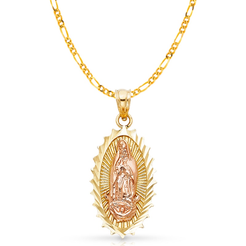 14K Gold Guadalupe Charm Pendant With 3.1Mm Figaro 3+1 Chain Necklace