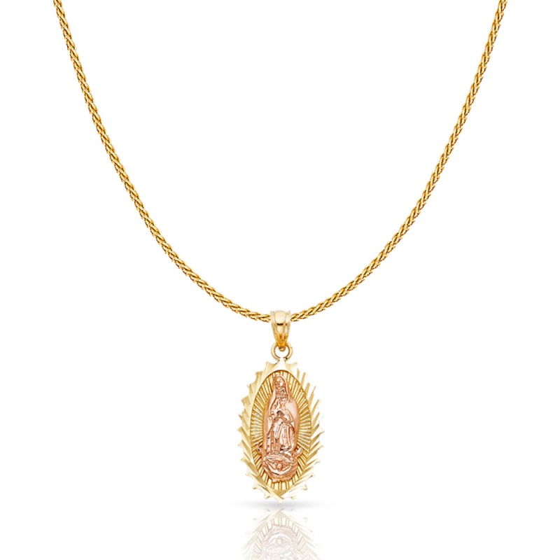 14K Gold Guadalupe Charm Pendant With 0.9Mm Wheat Chain Necklace