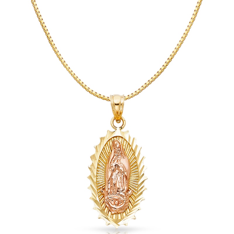 14K Gold Religious Guadalupe Charm Pendant With 0.8Mm Box Chain Necklace