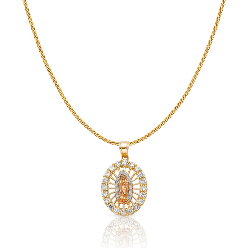 14K Gold Cz Guadalupe Charm Pendant With 0.9Mm Wheat Chain Necklace