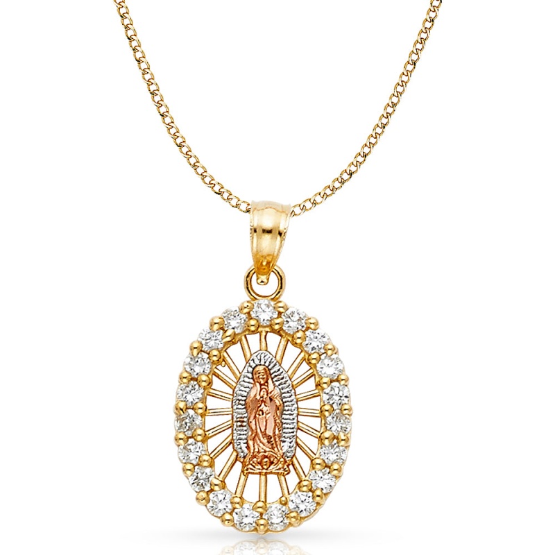 14K Gold Cz Guadalupe Charm Pendant With 3.4Mm Hollow Cuban Chain Necklace