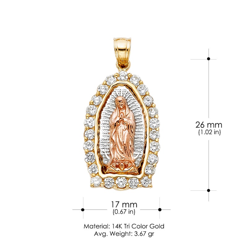 14K Gold Cz Religious Guadalupe Charm Pendant