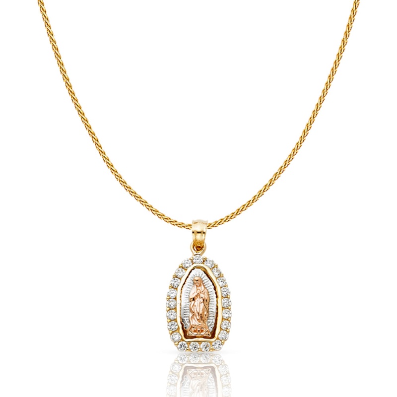 14K Gold Cz Guadalupe Charm Pendant With 0.9Mm Wheat Chain Necklace