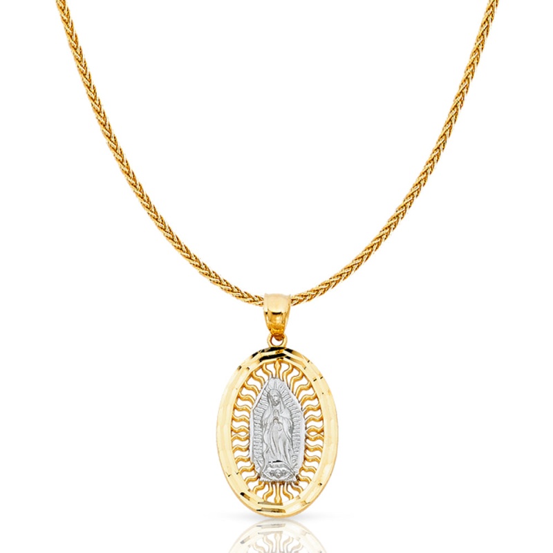 14K Gold Guadalupe Charm Pendant With 1.1Mm Wheat Chain Necklace