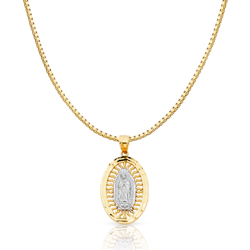 14K Gold Religious Guadalupe Charm Pendant With 1.2Mm Box Chain Necklace