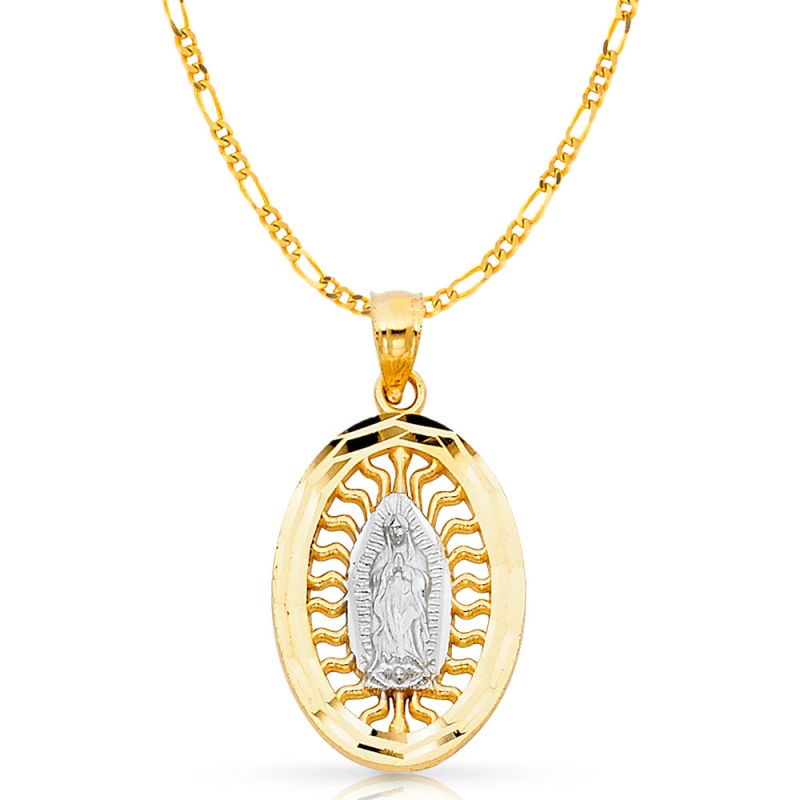 14K Gold Guadalupe Charm Pendant With 2.3Mm Figaro 3+1 Chain Necklace