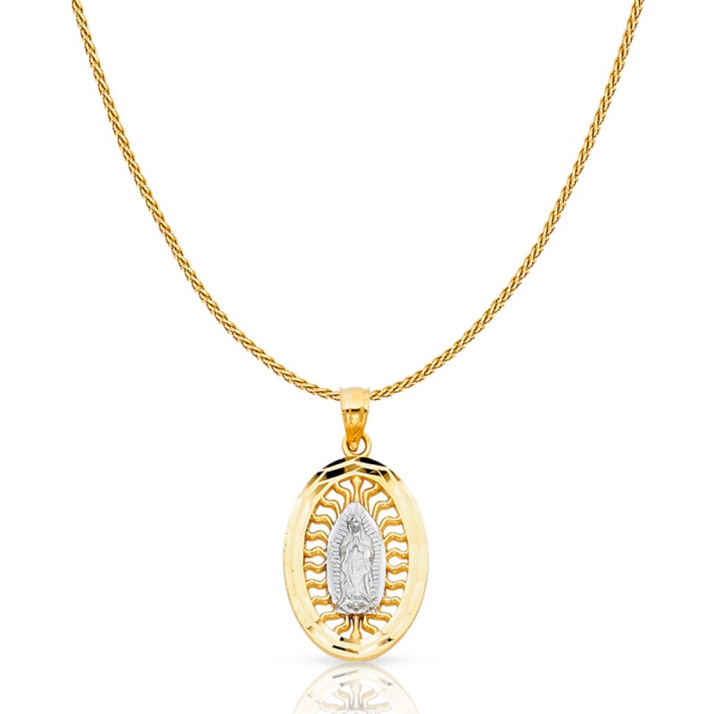 14K Gold Guadalupe Charm Pendant With 0.9Mm Wheat Chain Necklace