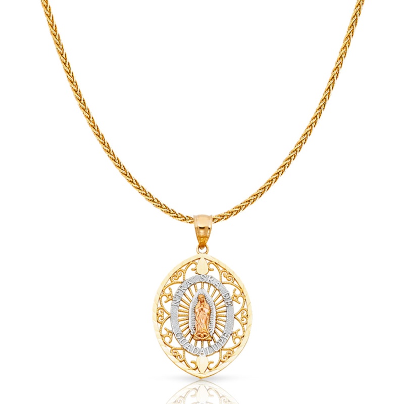 14K Gold Guadalupe Charm Pendant With 1.1Mm Wheat Chain Necklace