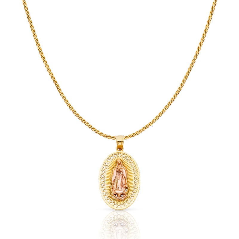 14K Gold Guadalupe Charm Pendant With 0.9Mm Wheat Chain Necklace