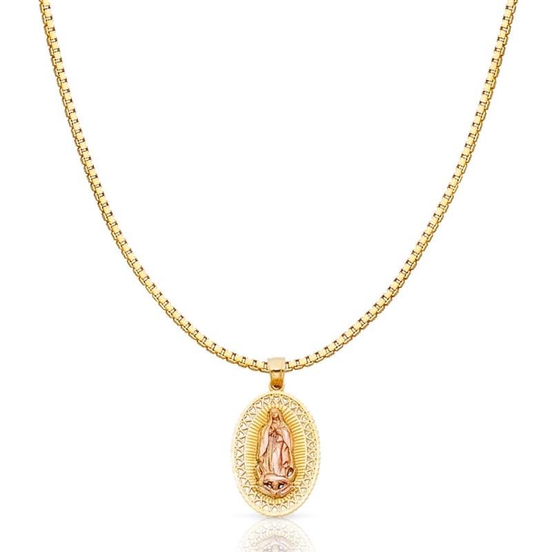 14K Gold Religious Guadalupe Charm Pendant With 1.2Mm Box Chain Necklace