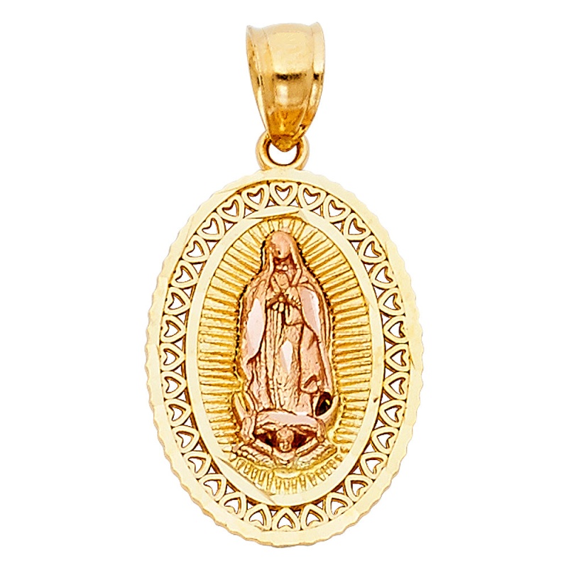 14K Gold Guadalupe Charm Pendant With 2.3Mm Figaro 3+1 Chain Necklace