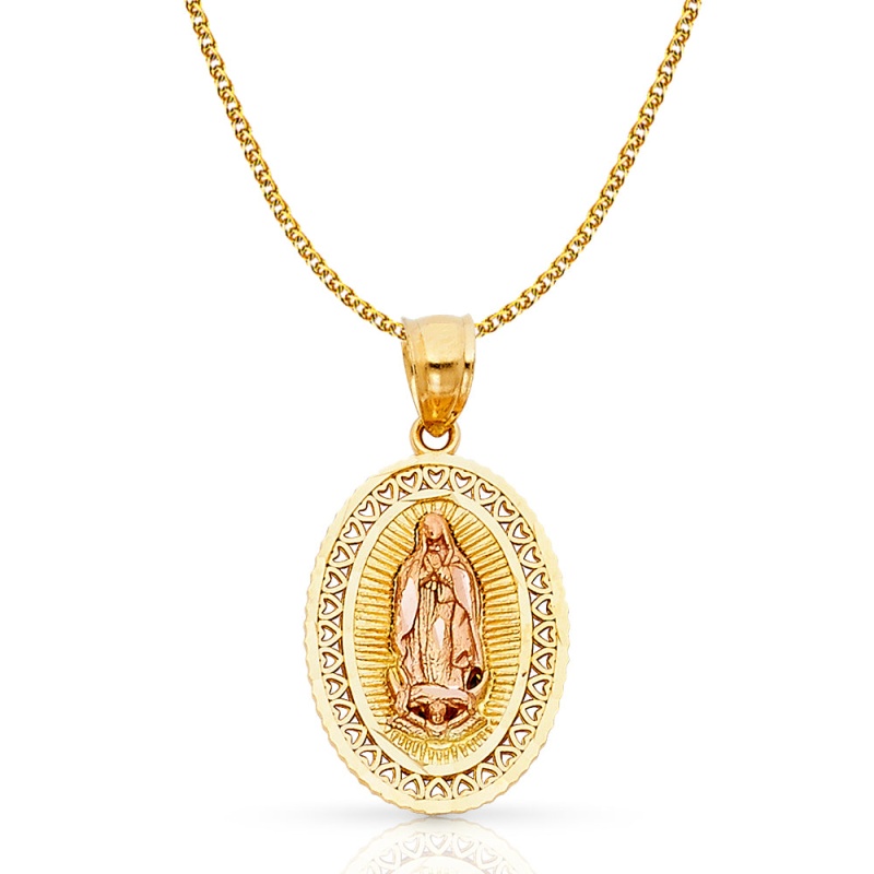 14K Gold Guadalupe Charm Pendant With 1.7Mm Flat Open Wheat Chain Necklace
