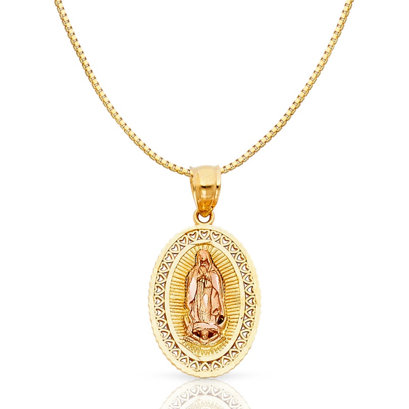 14K Gold Religious Guadalupe Charm Pendant With 0.8Mm Box Chain Necklace