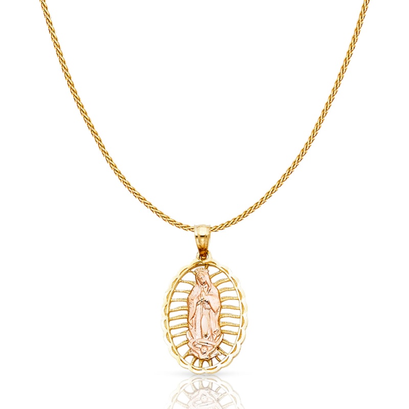 14K Gold Guadalupe Charm Pendant With 0.9Mm Wheat Chain Necklace