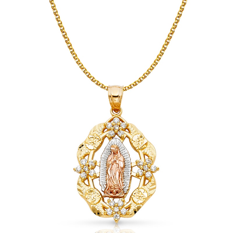 14K Gold Cz Guadalupe Charm Pendant With 1.7Mm Flat Open Wheat Chain Necklace